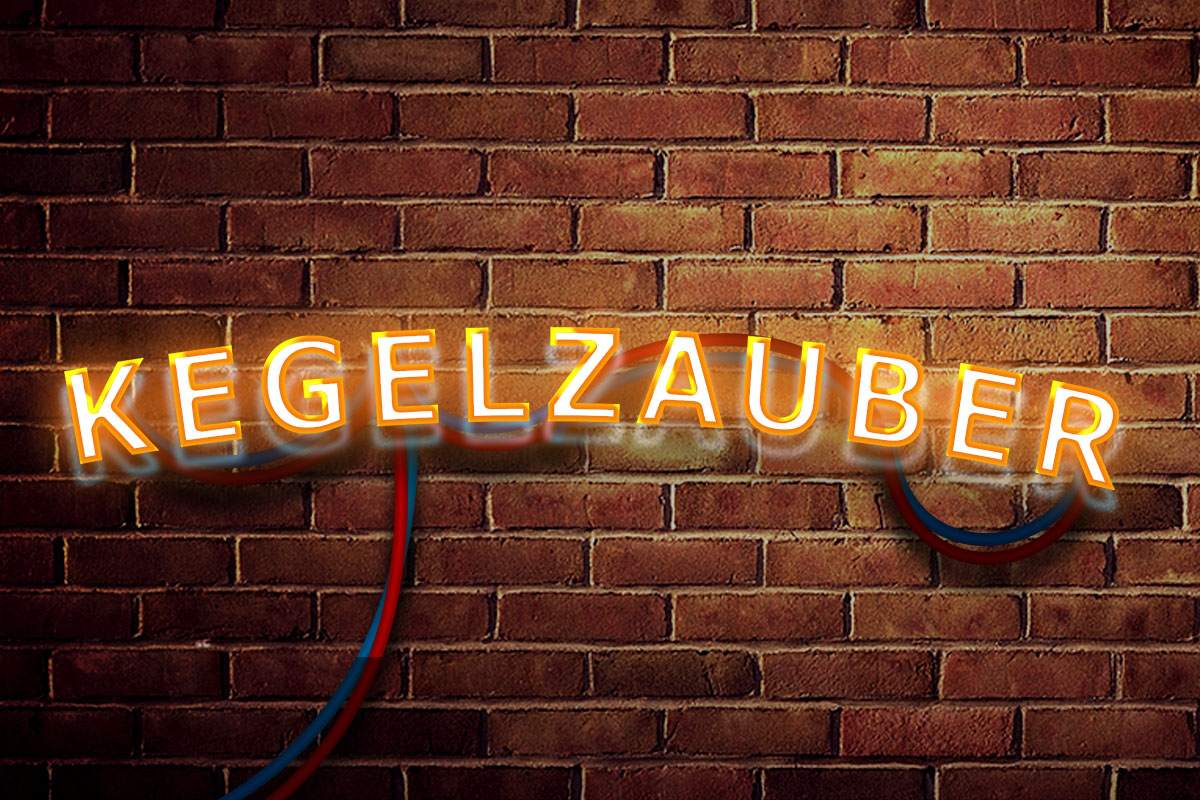 Kegelzauber an einer Hauswand als Neon-Schriftzug. innen weiß außen gelb