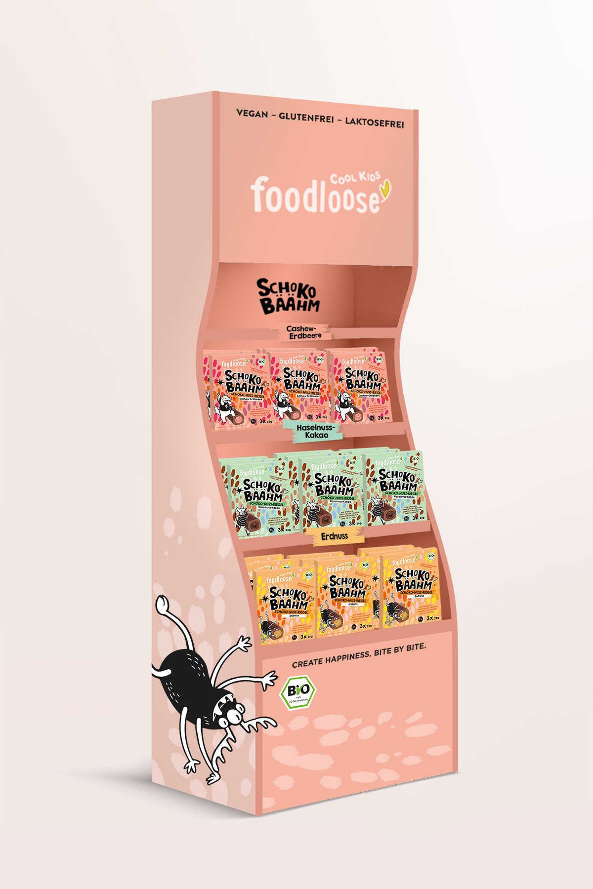 Ein Produktaufsteller der Marke Foodloose in Rosa mit einem kleinen Tier am unteren Bildrand. Ganz oben steht Foodloose als Headline