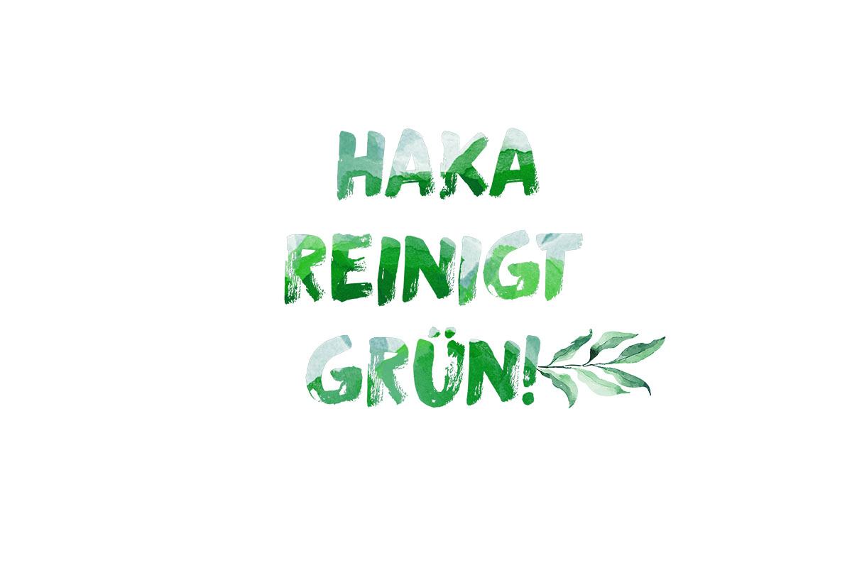 HAKA reinigt grün in Pinseloptik geschrieben