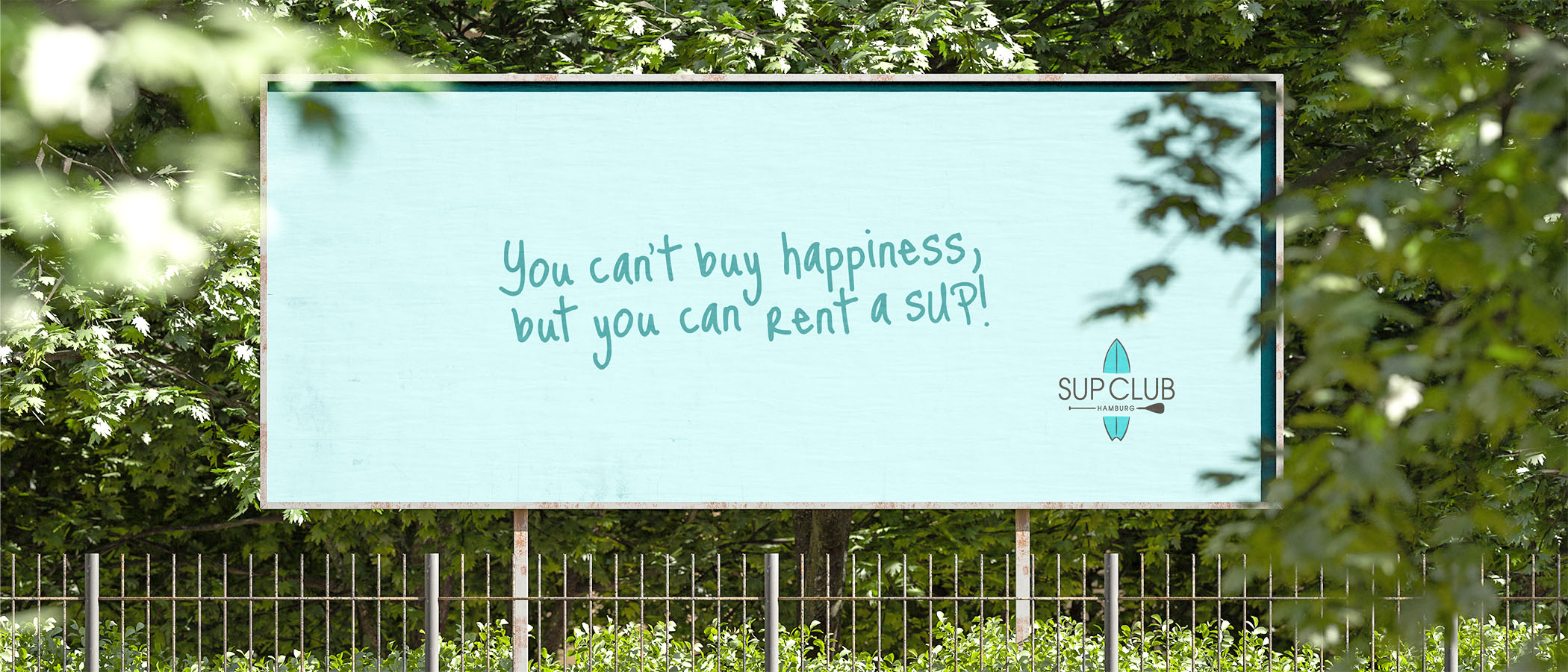 Wallpaper in türkis.Aufschrift You can't buy happiness but you can rent a SUP